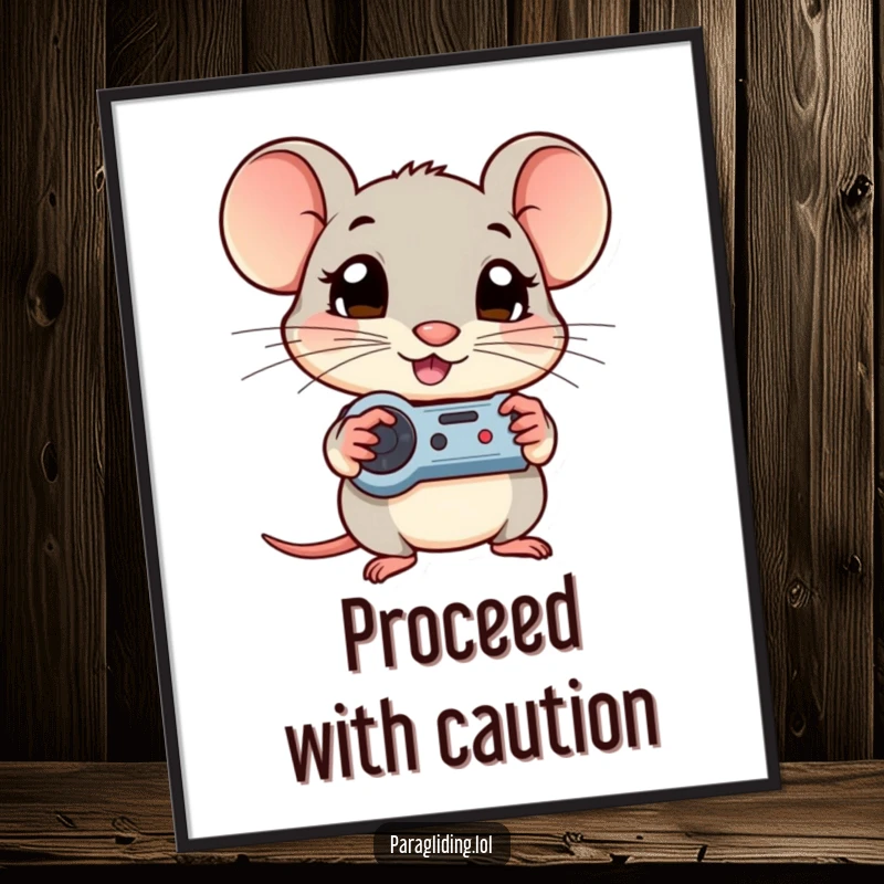 Funny poster showcasing a shy mouse, eyes wide with curiosity, clutching game controls with serious determination.