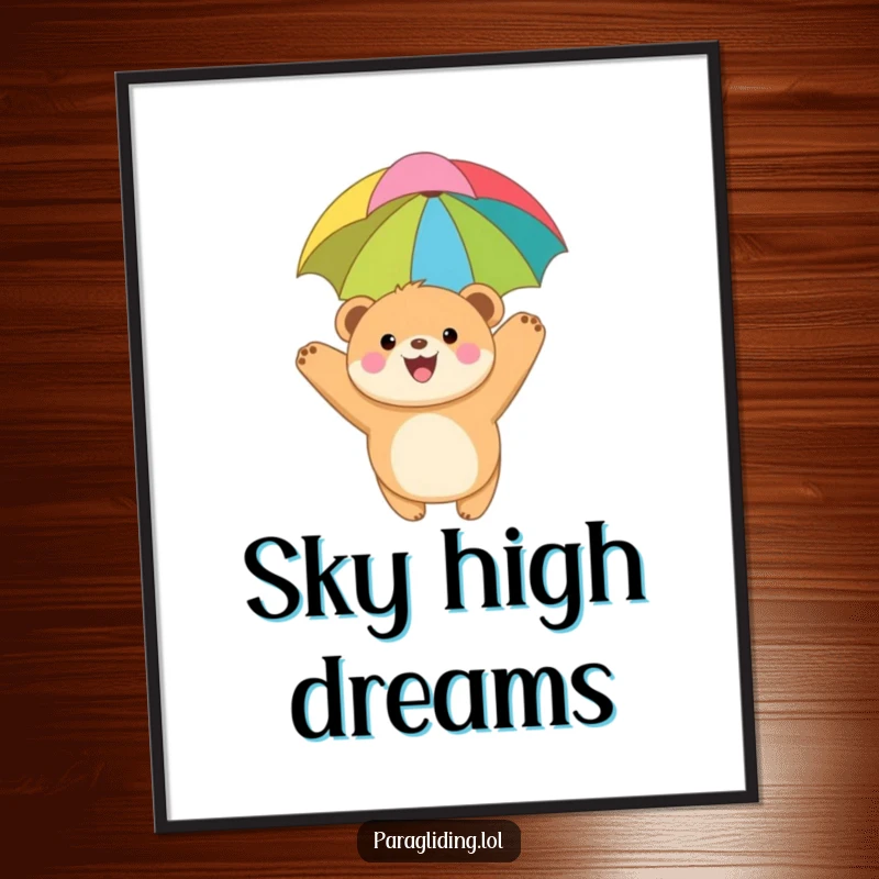 Funny poster of a joyful, round bear cub paragliding under a vibrant canopy, creating a whimsical and inspiring piece of wall art.