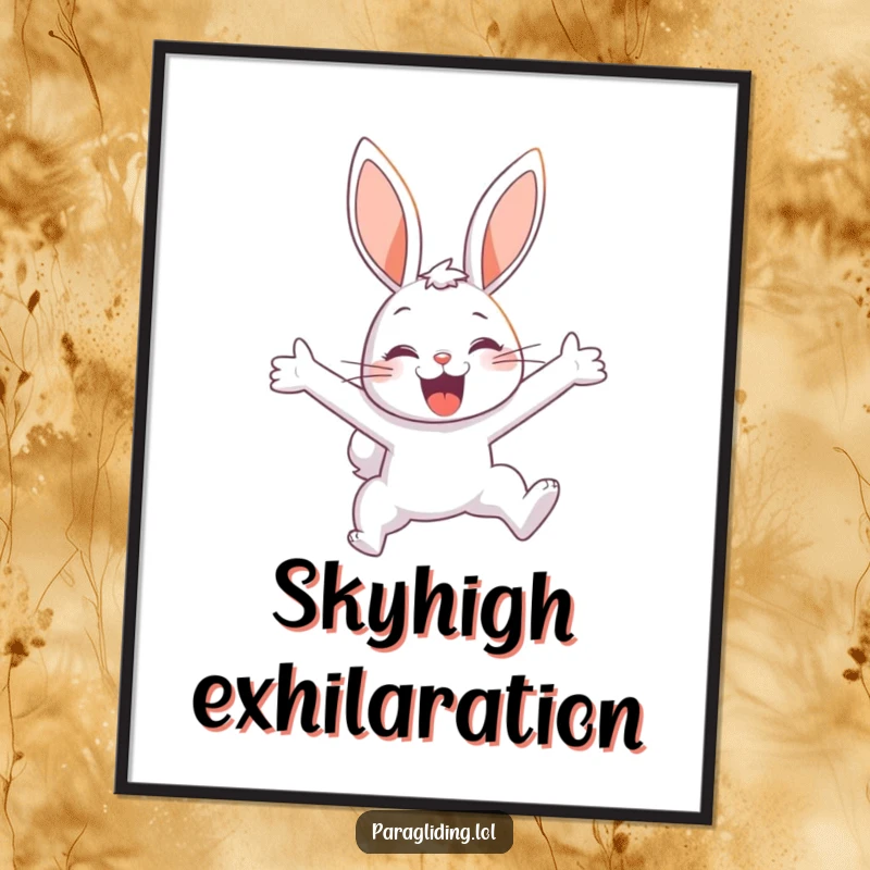 Funny art poster of a delighted bunny soaring through the sky, adding humorous joy and a sense of freedom to any room.