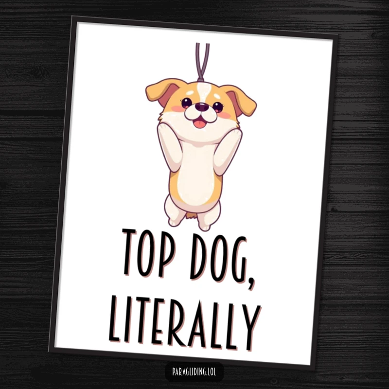 Funny proud dog suspended and enjoying the view on a poster. Whimsical wall art and a great funny gift for dog owners.