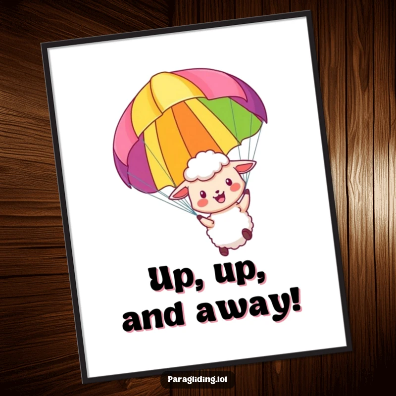 Funny art poster of a little sheep joyfully paragliding, bringing humorous adventure and vibrant colors to any space.