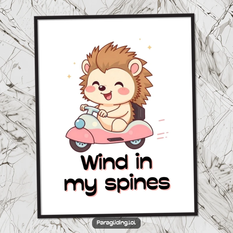 Funny poster art of a happy hedgehog with a joyful expression, enjoying a breezy ride, evoking a sense of freedom and fun.