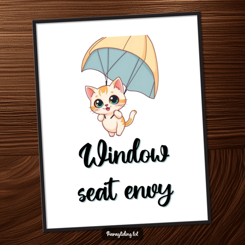 Funny poster art of a curious cat dangling from a paraglider with wide eyes, symbolizing daring adventure and feline excitement, excellent funny gift.