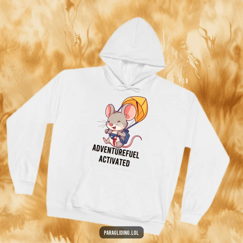 Funny paraglider mouse hoodie: a cozy garment with a determined mouse gripping paraglider handles, ready for high-flying fun.