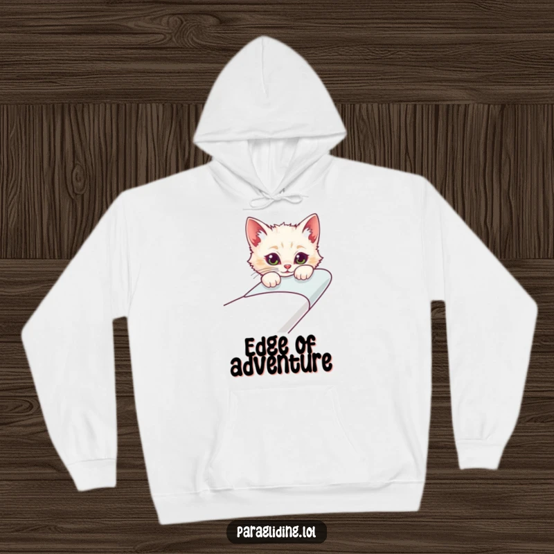 Funny hoodie featuring a curious cat character peeking over the edge of a glider, perfect for cozy exploration.