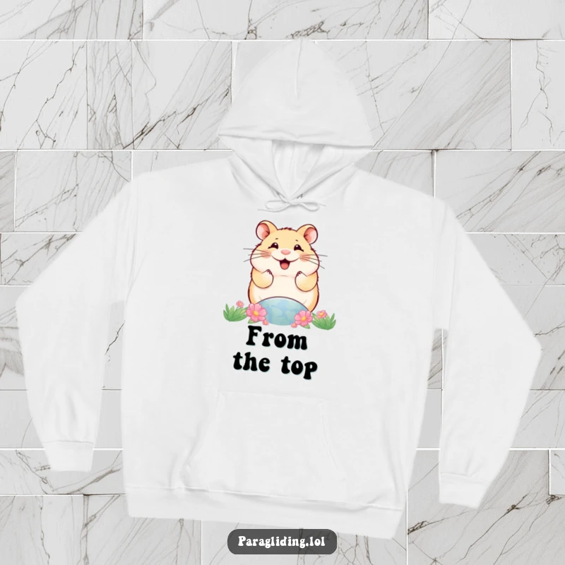 Funny hoodie illustration of a smiling hamster observing the world below, offering cozy comfort and a humorous elevated perspective.