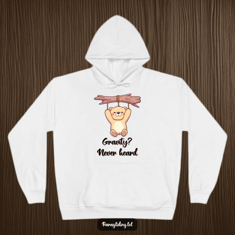 Funny bear hoodie featuring a proud bear suspended peacefully in the air, offering warmth and hilarious, laid-back style.