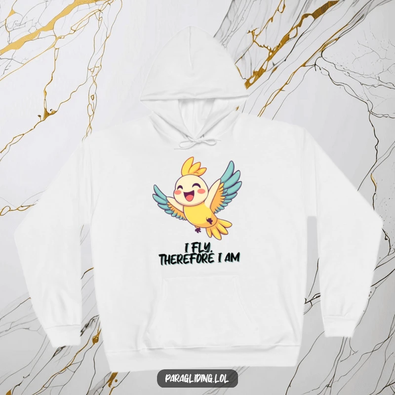 Funny hoodie depicting a joyful parrot soaring with a wide grin, offering cozy comfort and a cheerful vibe, ideal funny gift.