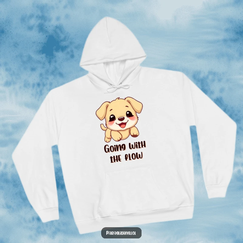 Funny puppy hoodie, smiling puppy drifting gently downward on a cloud, cozy and warm apparel, cute pet graphic.