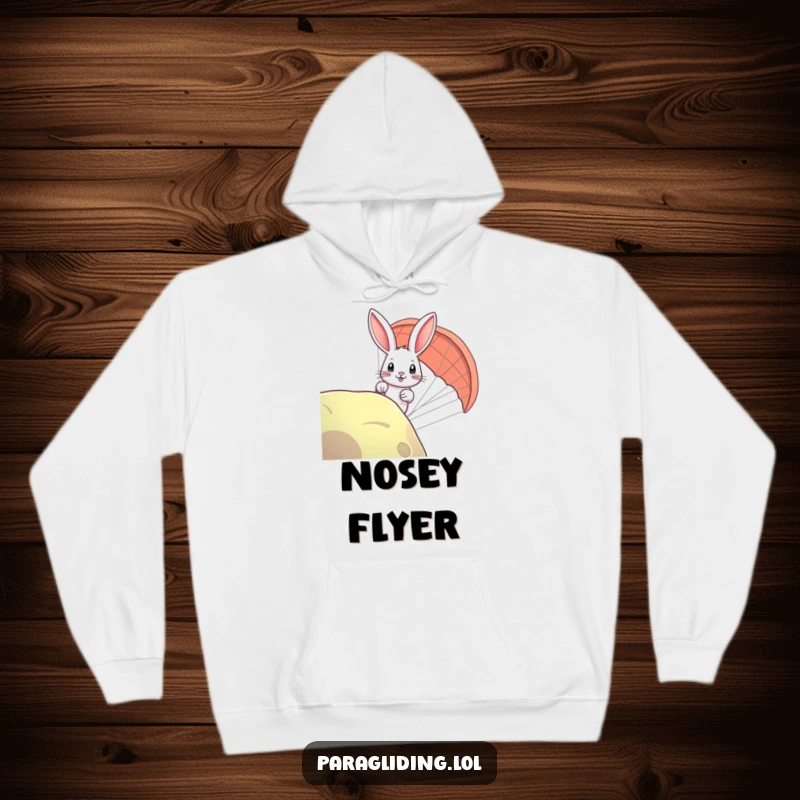 Funny rabbit paraglider hoodie showing a curious bunny peering over, offering warmth and a playful, humorous design.