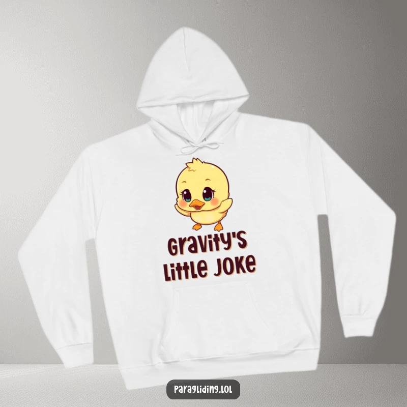 Funny hoodie illustration of a duckling with wide, startled eyes gently falling, bringing warmth and humorous charm to your day.