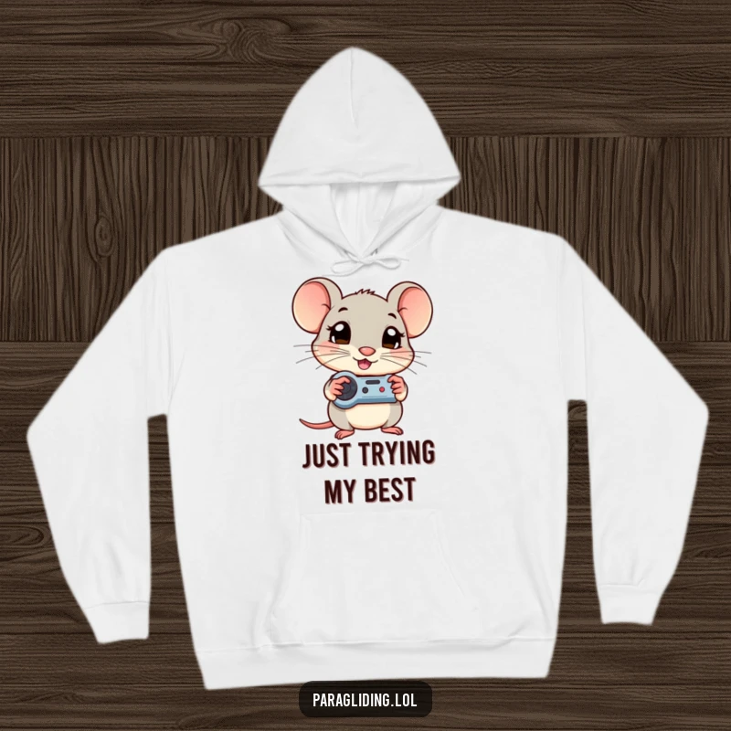 Funny hoodie with a shy mouse intensely gripping game controls, eyes wide with curiosity and focus, perfect for gamers.