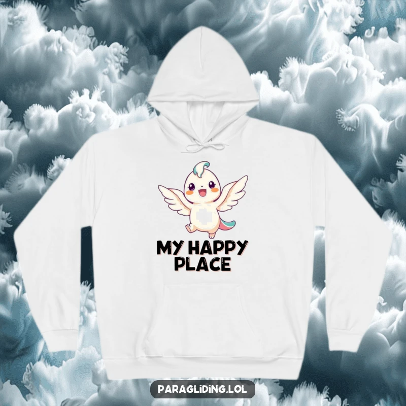 Funny hoodie depicting a smiling winged creature in graceful descent, radiating joy and warmth, a comfortable humorous apparel.