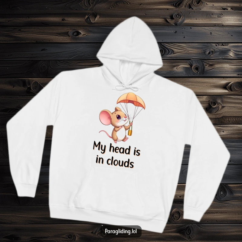 Funny hoodie depicting a small mouse with eyes wide in amazement, paragliding high in the sky, embracing wonder.