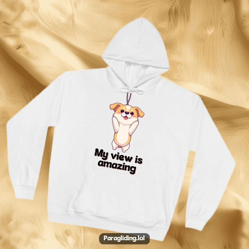 Funny proud dog suspended and enjoying the view on a cozy hoodie. A warm and humorous funny gift for dog lovers.