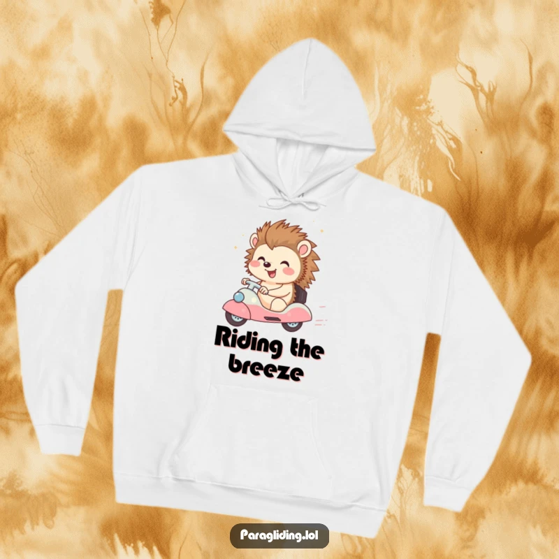 Funny hoodie featuring a cheerful hedgehog character with a happy expression, enjoying a breezy ride, perfect for cozy days.