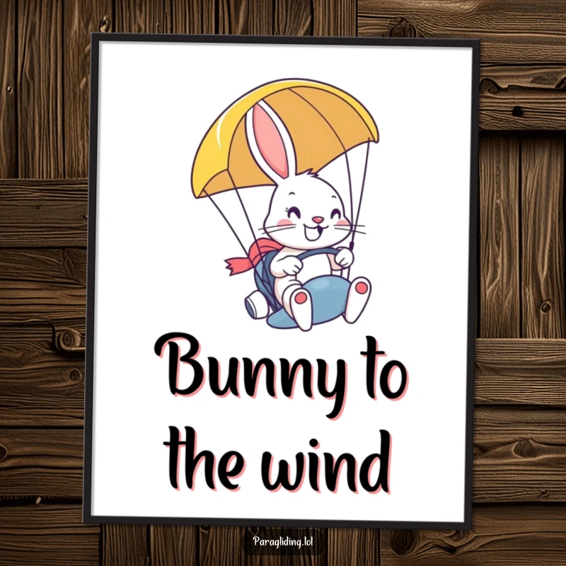 Funny Free Printable Wall Art: Determined smiling bunny steers paraglider with a grin, adventurous DIY decor, downloadable art.