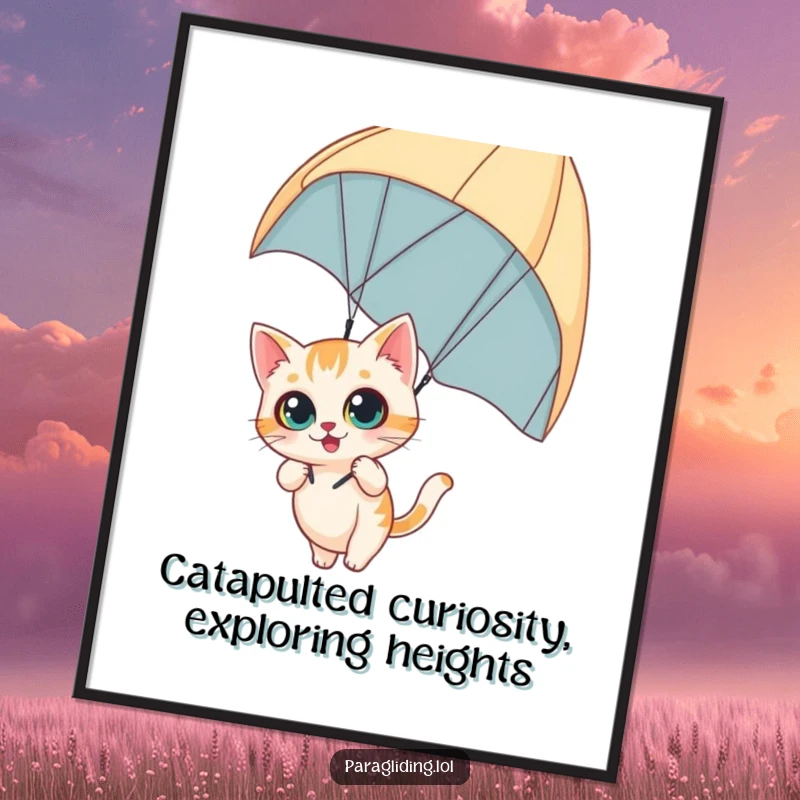 Funny Free Printable Wall Art of a curious cat with wide, expressive eyes, comically dangling from a paraglider.