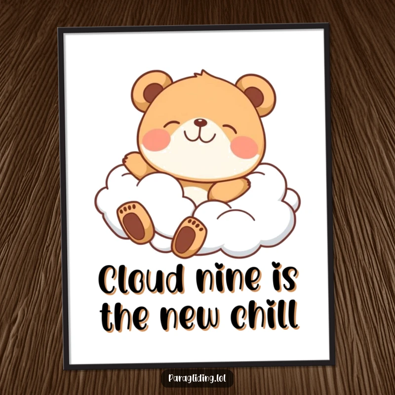 Funny Free Printable Wall Art: A delighted bear peacefully drifting amidst soft, fluffy clouds, bringing calm and joy.