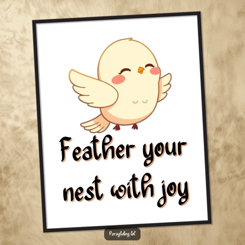 Funny Free Printable Wall Art: A content bird with a gentle smile is suspended in the air, peacefully carried by the airflow.