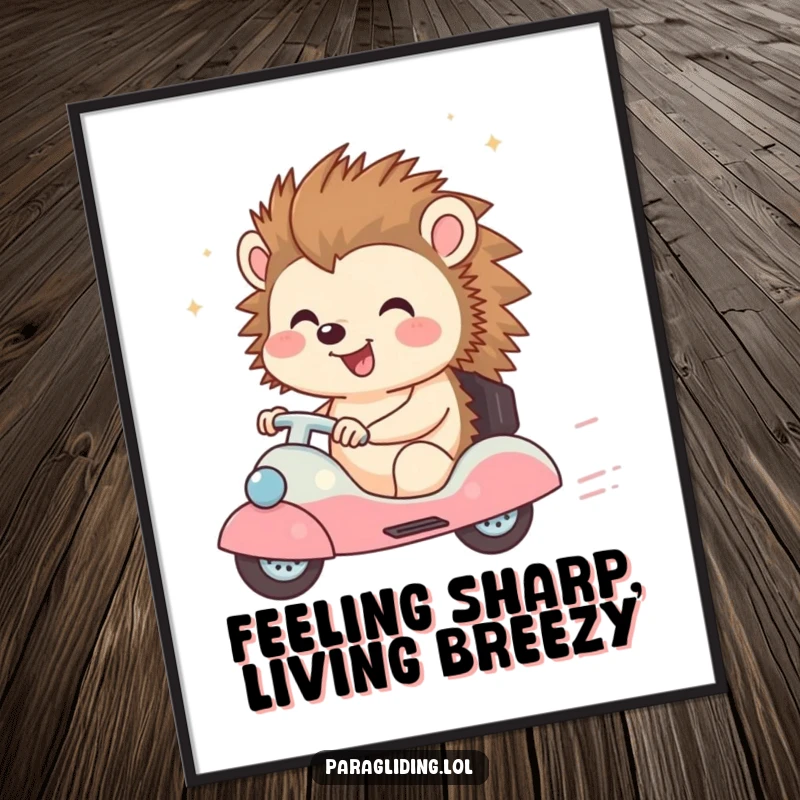 Funny Free Printable Wall Art: Happy hedgehog with a big smile enjoying a breezy ride, cheerful and humorous decor