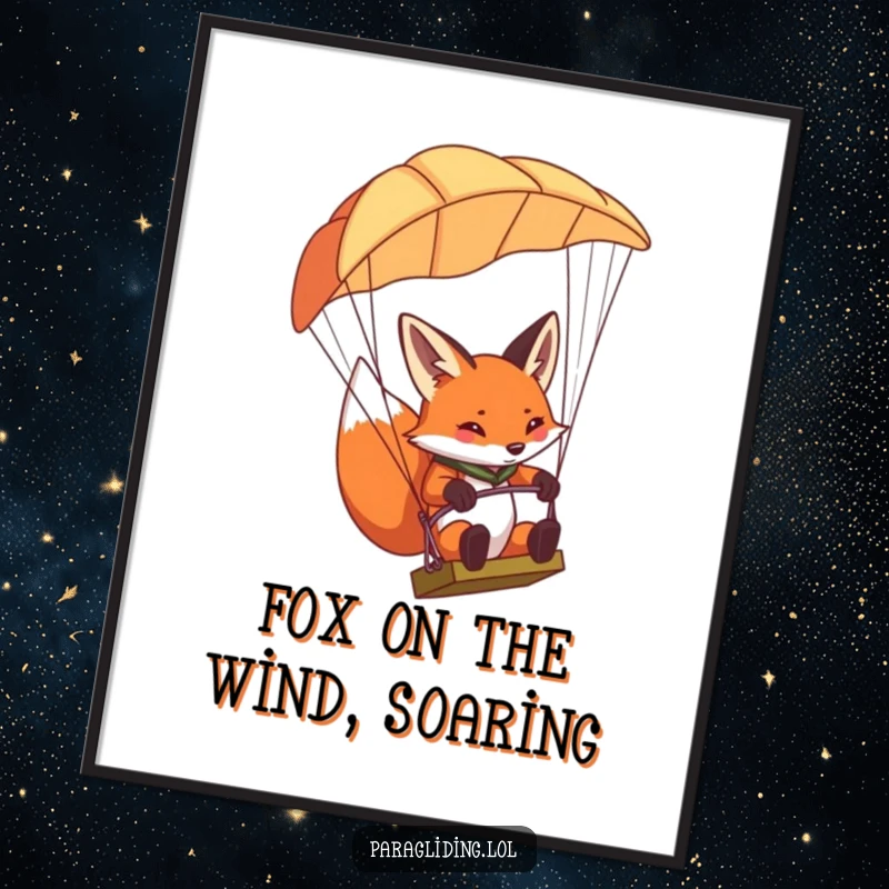 Funny Free Printable Wall Art: Determined fox concentrating on paragliding, an adventurous downloadable art piece.