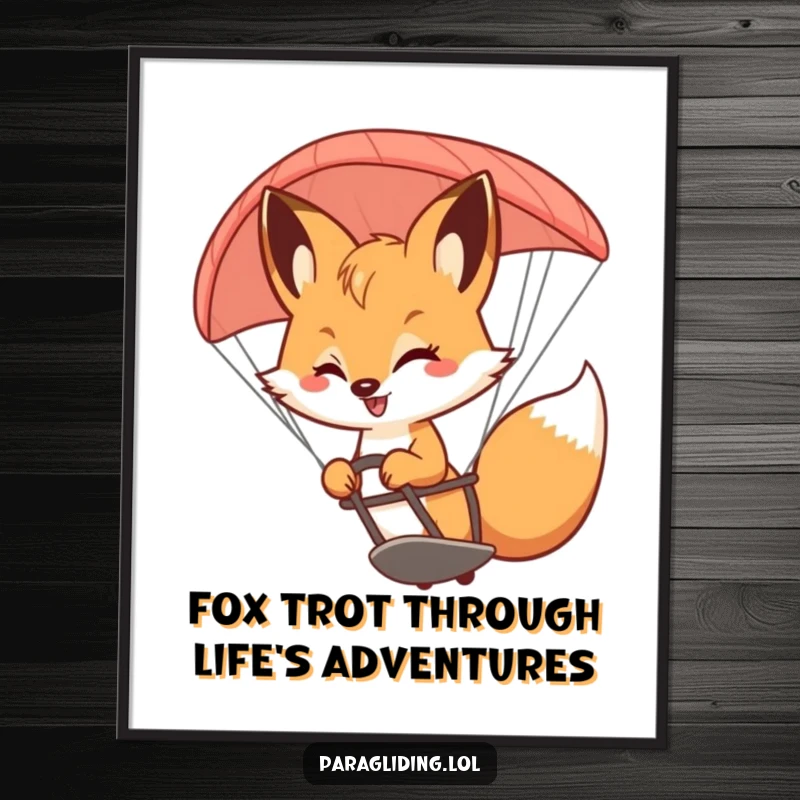 Funny Free Printable Wall Art: A bouncy fox with a wide smile steering a paraglider mid-flight.