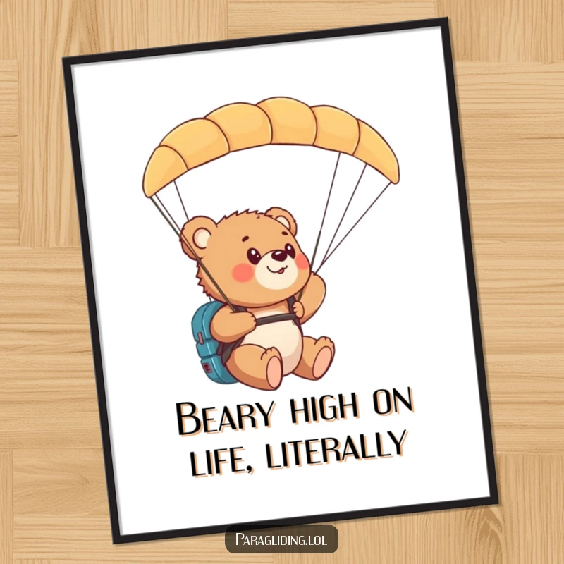 Funny free printable wall art of a bear cub amazed by the view while paragliding. Whimsical downloadable nature art.
