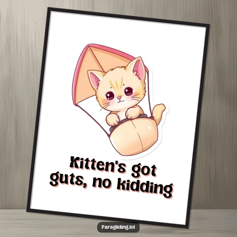 Funny Free Printable Wall Art: Curious kitten paragliding joyfully through the clouds, adding a whimsical touch.