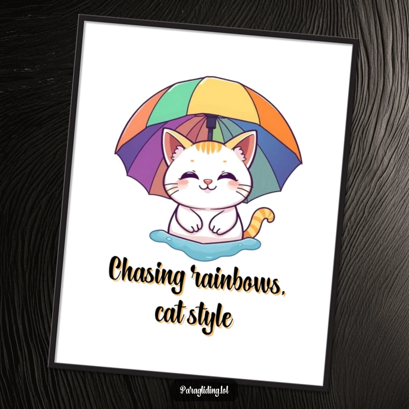Free Printable Wall Art: A smiling cat floats peacefully and contentedly beneath a vibrant, multi-colored rainbow umbrella.