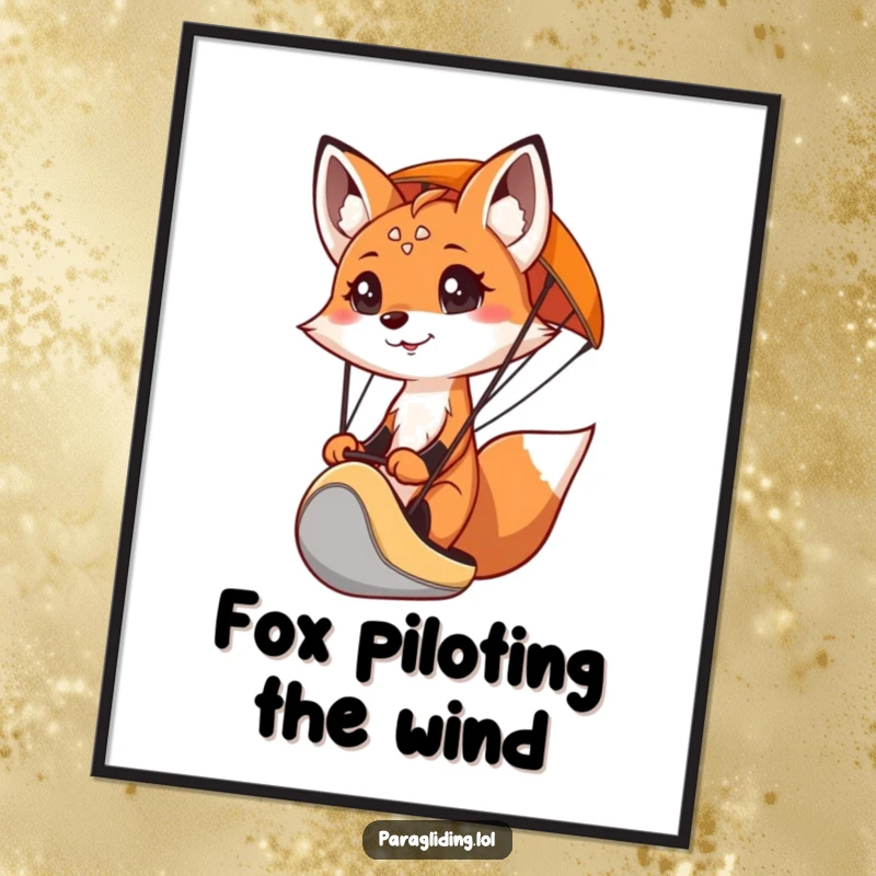 Funny Free Printable Wall Art of a smiling fox with a determined gaze, confidently steering a paraglider through the sky.