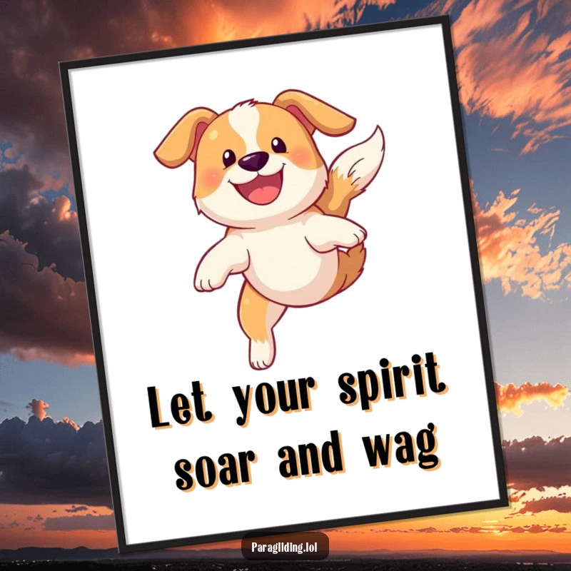 Funny Free Printable Wall Art: A happy dog with a huge grin soaring high in the sky, an uplifting and energetic decorative piece.