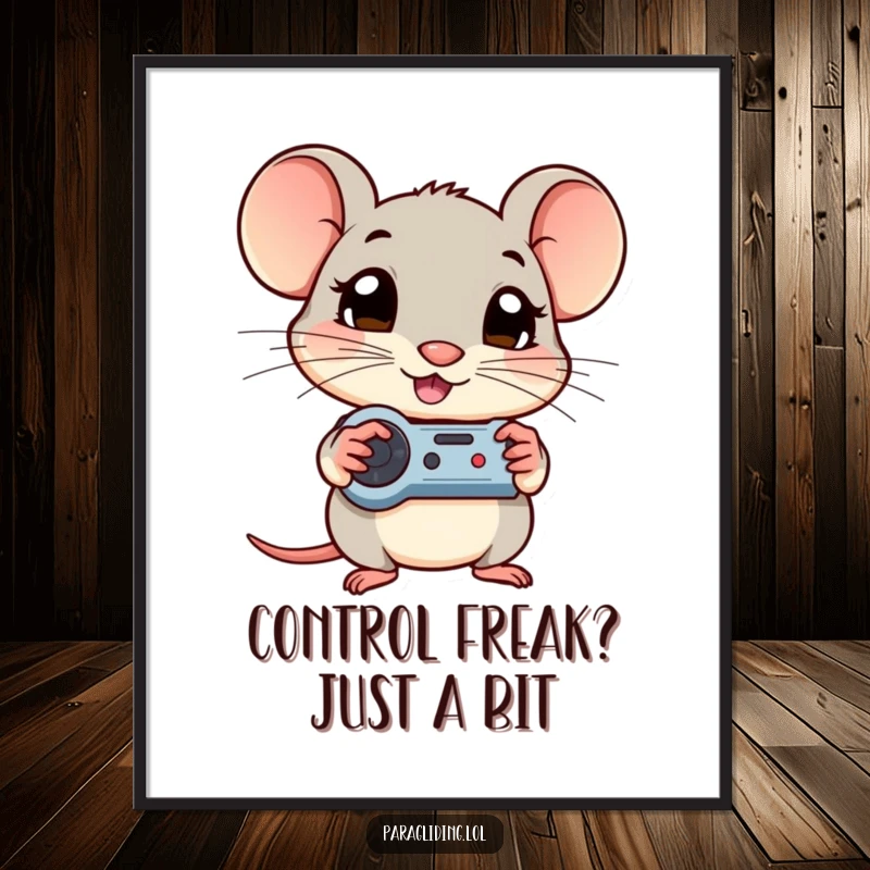 Funny Free Printable Wall Art: Shy mouse intensely focused on its controls, wide-eyed and curious.