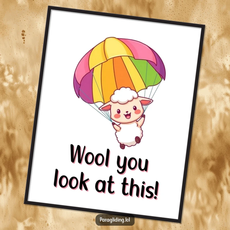 Funny Free Printable Wall Art: A little sheep joyfully floats with a colorful paraglider, creating a whimsical and adventurous downloadable art.
