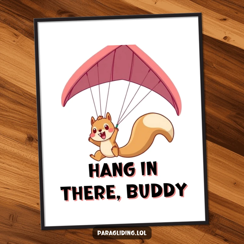 Funny Free Printable Wall Art: A squirrel dangling excitedly from a paraglider, capturing a moment of pure, airborne thrill.