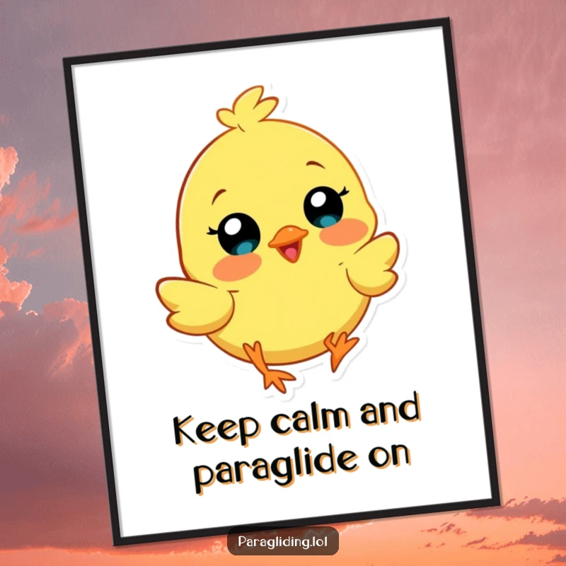 Funny Free Printable Wall Art: A cheerful chick joyfully paragliding against a sky blue backdrop, adding humor to your decor.