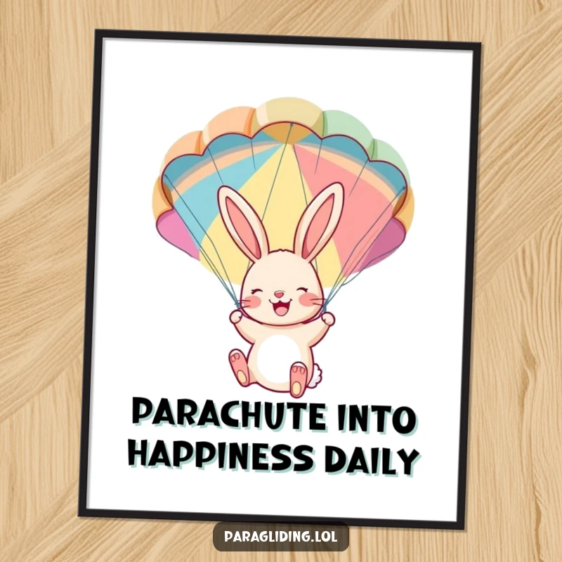 Free Printable Wall Art: A cheerful bunny is pictured dangling with pure delight from a brightly colored parachute.