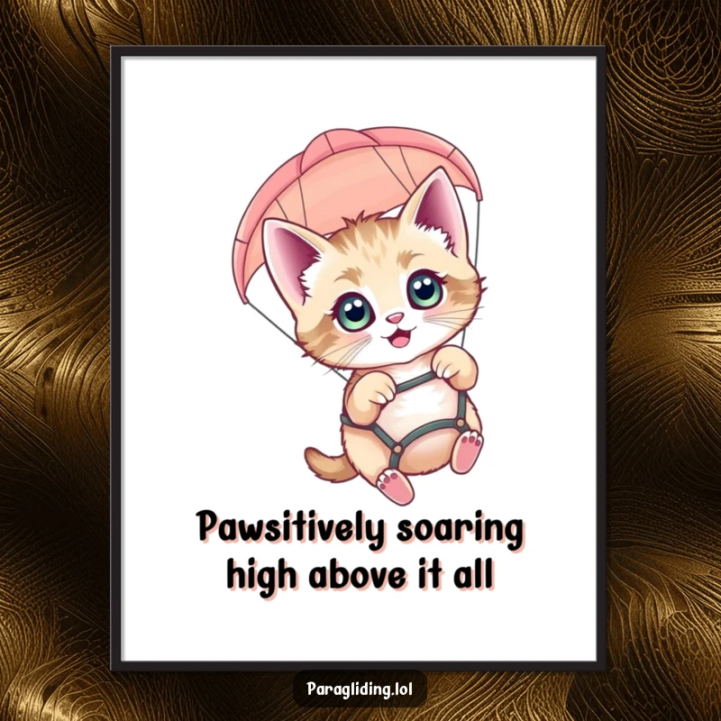 Funny free printable wall art of a wide-eyed kitten paragliding, enjoying the view from above. Adorable downloadable art for homes.