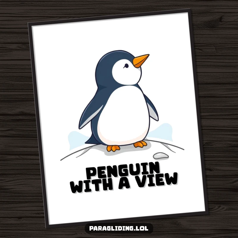 Funny Free Printable Penguin Wall Art: A penguin calmly surveying the panoramic landscape from a high vantage point, creating a serene scene.
