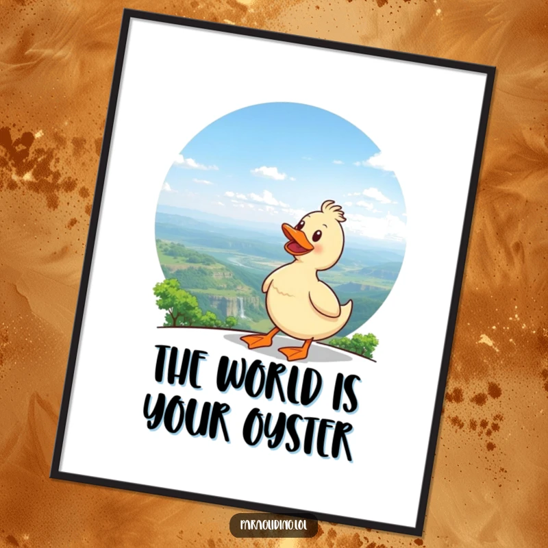 Funny Free Printable Wall Art: A delighted duck peacefully observing a vast, scenic landscape from above, creating inspiring decor.