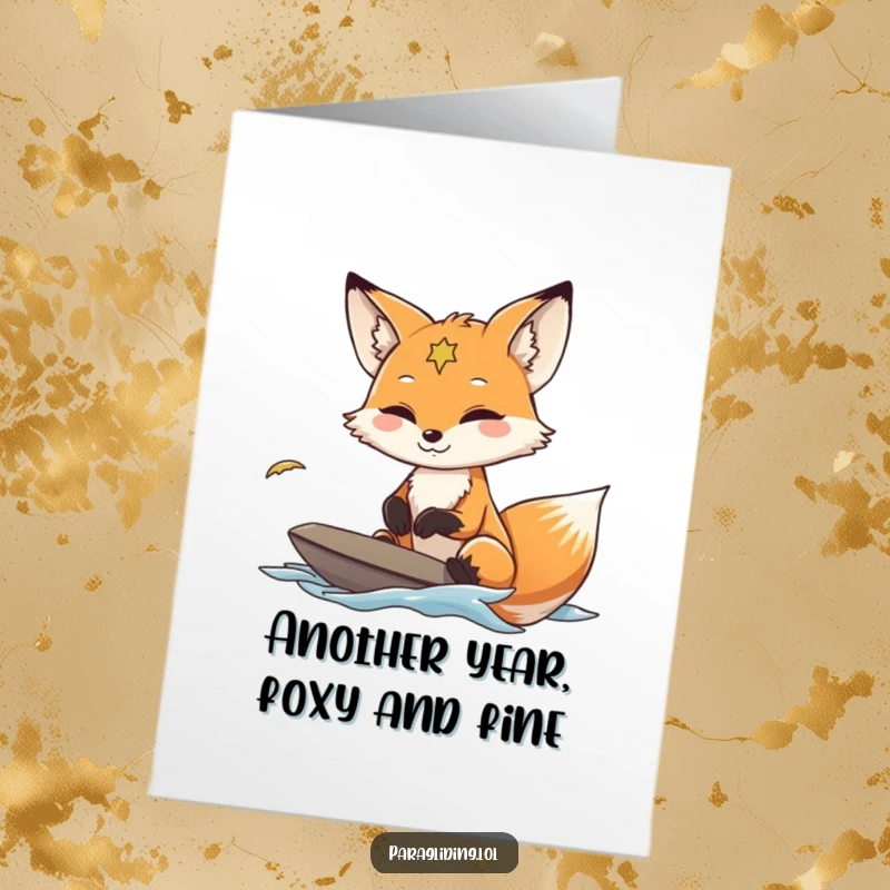 Funny Free Printable Birthday Card: A smiling fox gliding smoothly on wind currents, wishing a happy birthday.