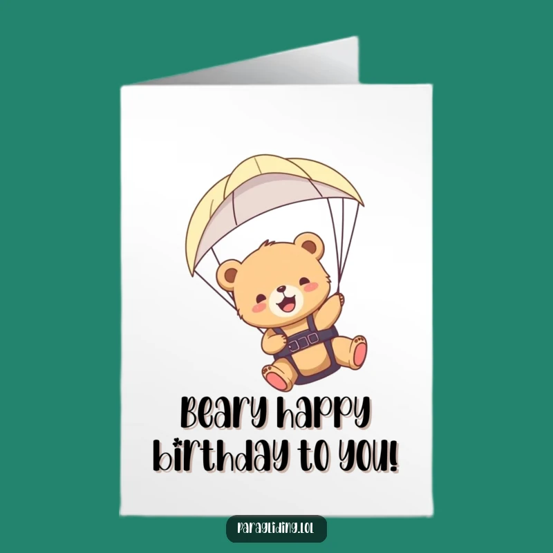 Free Printable Happy Birthday Card: Joyful Bear Cub Paragliding Funny Downloadable Gift