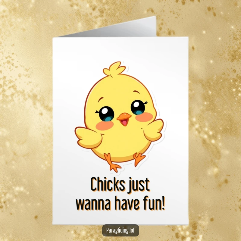 Funny Free Printable Birthday Card: A happy chick paragliding with a huge smile, ready for a joyful celebration.