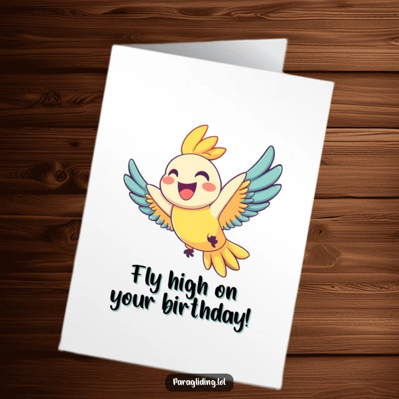 Funny Free Printable Birthday Card showing a joyful parrot with a huge grin, flying freely through a bright blue sky.