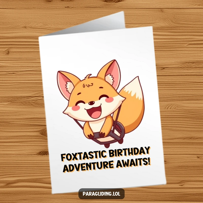 Funny Free Printable Birthday Card featuring a grinning fox paragliding with pure excitement and joy.