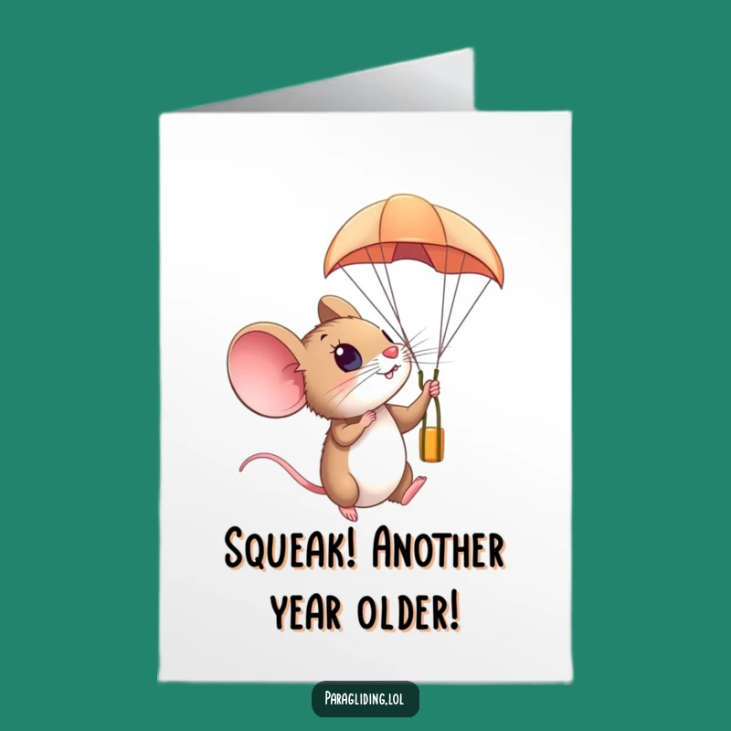Free Printable Birthday Card: Amazed Mouse Paragliding, Funny Downloadable Gift for Fellow Explorers