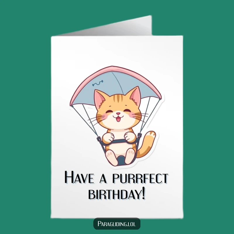 Free Printable Birthday Card: Confident Cat Paragliding - Funny Downloadable Gift