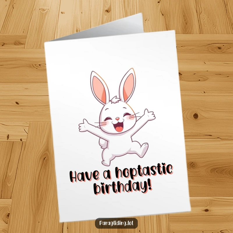 Funny Free Printable Birthday Card: A bunny soars through the sky with a delighted expression, embodying pure birthday bliss.