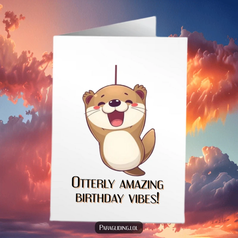 Funny Free Printable Birthday Card: Excited otter joyfully suspended mid-air, spreading birthday cheer with downloadable art.