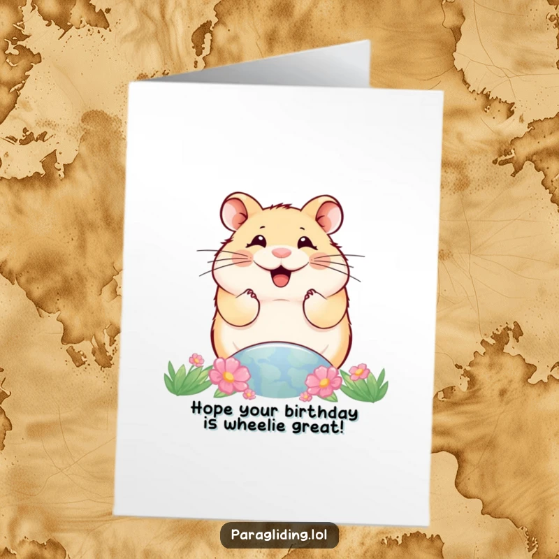Funny Free Printable Birthday Card: A smiling hamster gazes down upon the world below, a grand birthday view.